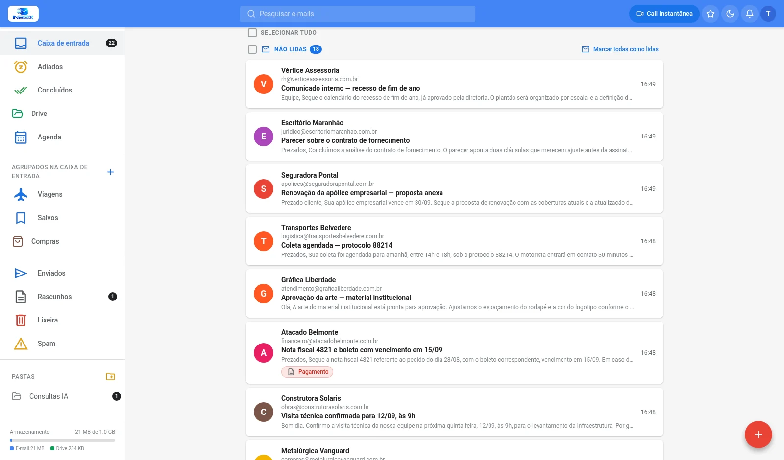 Caixa de entrada do INBOX com mensagens agrupadas por relevância e uma nota fiscal identificada automaticamente como pagamento