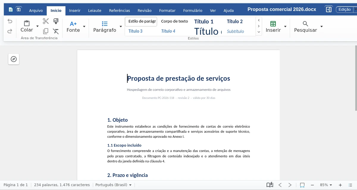 Editor de textos do INBOX Office com uma proposta comercial aberta, títulos numerados e a galeria de estilos na faixa de opções