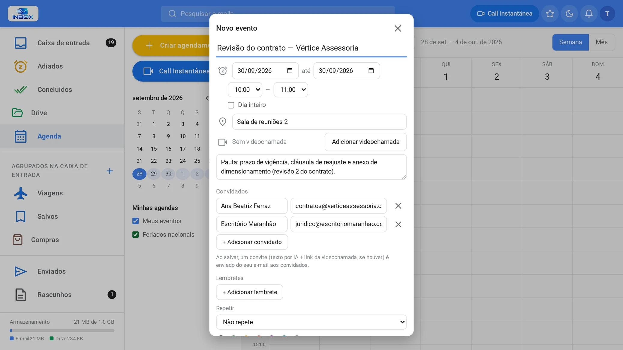 Editor de nuevo evento en el calendario de INBOX, con lugar, temario y dos invitados