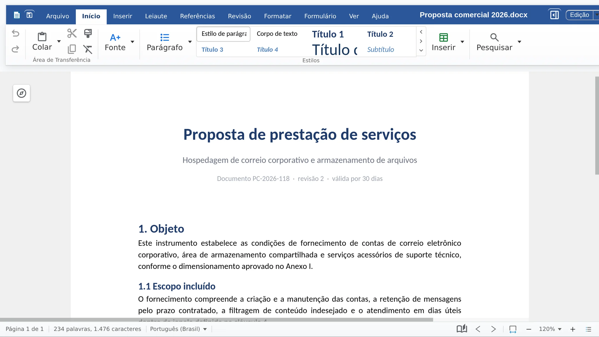 Propuesta comercial en .docx abierta en INBOX Office, en el navegador