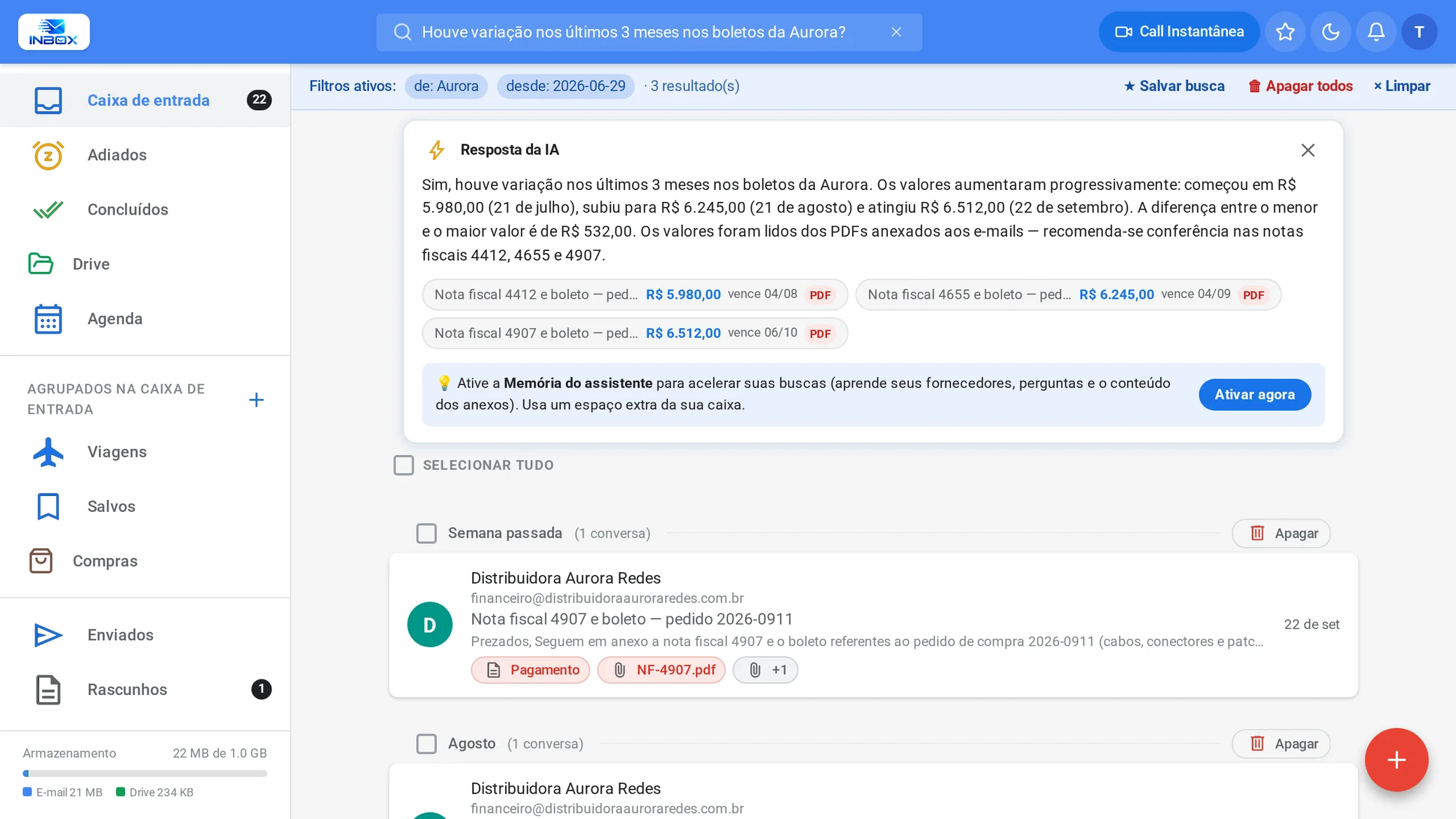 Búsqueda de INBOX respondiendo a la pregunta sobre la variación de las facturas de Aurora, con los tres montos y los documentos de origen