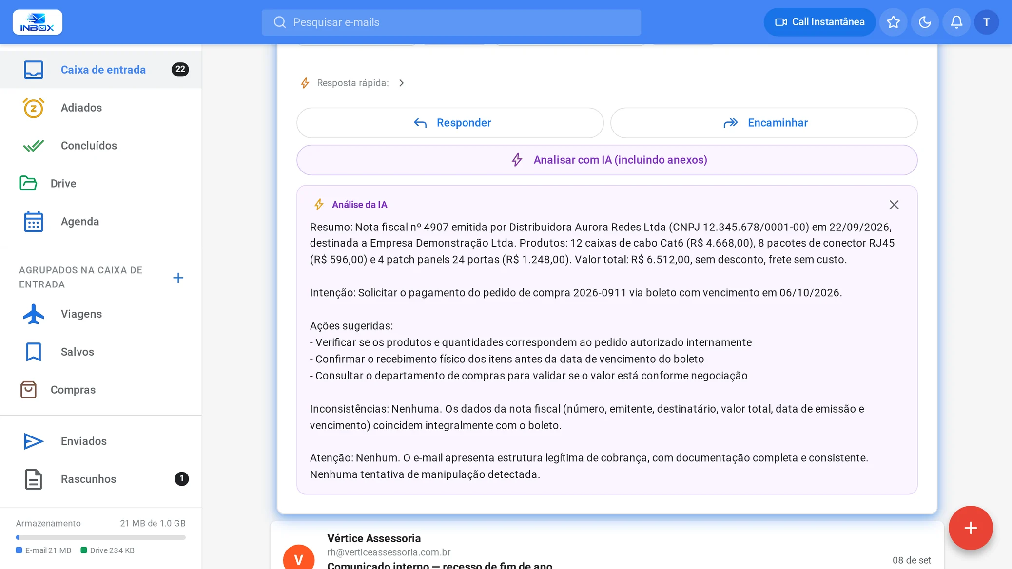 Panel de análisis por inteligencia artificial con el resumen de un mensaje